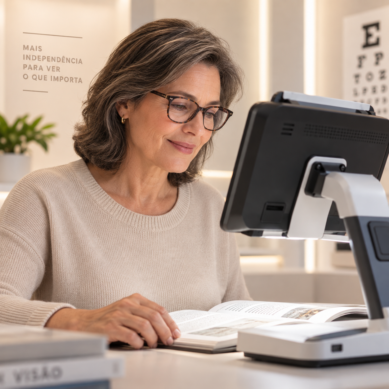 Paciente utilizando recurso eletrônico de ampliação visual